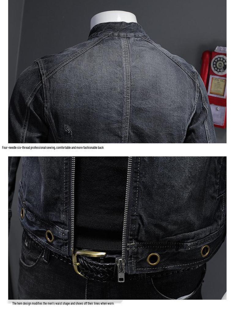 Spring 2020 Men's Dark Blue Retro Motorcycle Denim Jacket with Stand Collar and Zipper