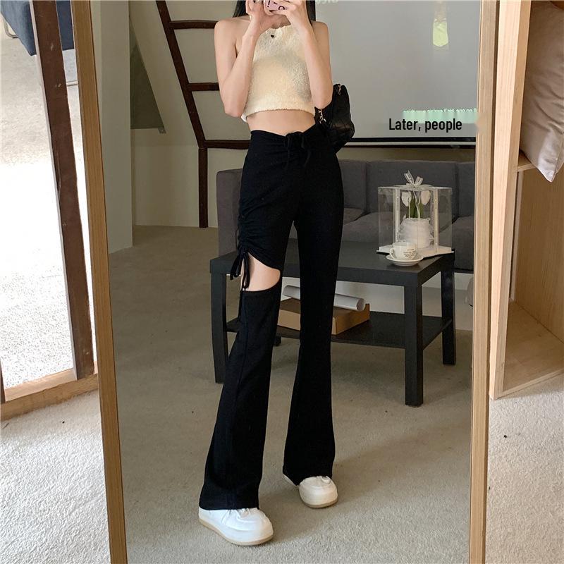 Women's Gray Ripped Micro Flare Drawstring Pants - Trendy, Versatile Summer Niche Casual Wear