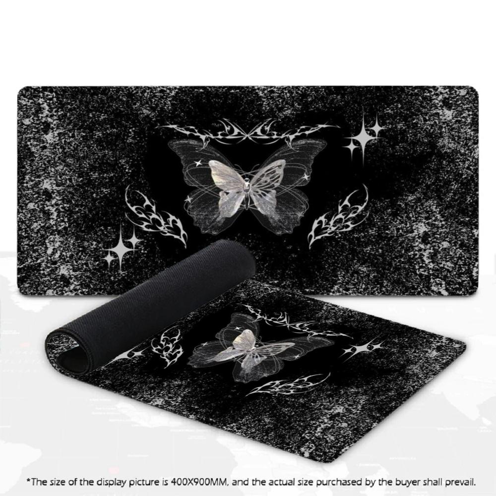 Gaming Mouse Pad Black White Gothic Butterfly Moth Pattern Deskmat Non-Slip Rubber Keyboard Mat Grunge XXL Desktop Table Mat