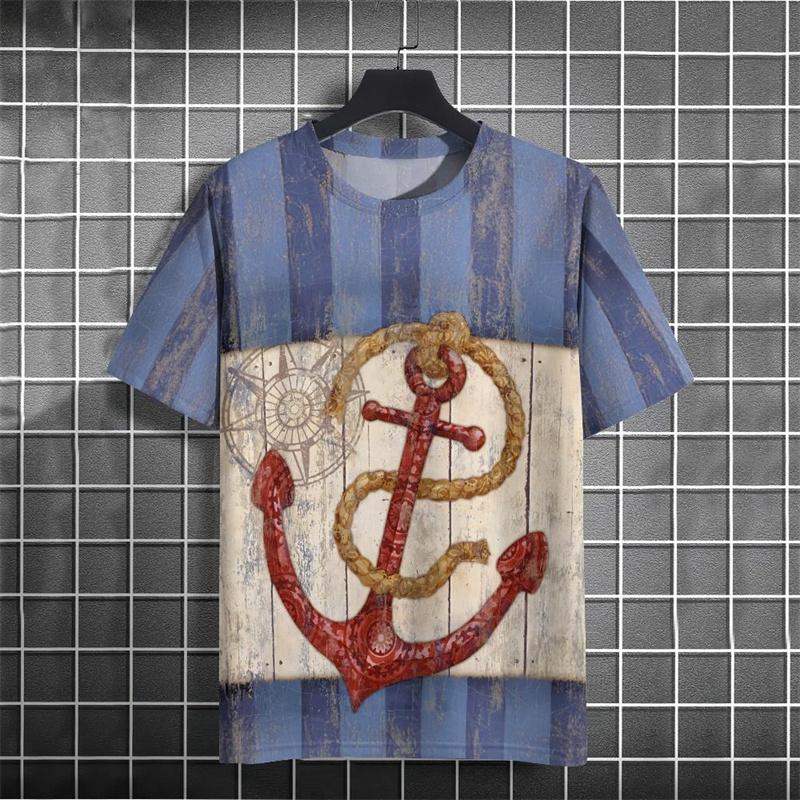 

Retro Style Anchor Graphic Men T-shirt Street 3D Print Casual Fashion Stripe Short Sleeve T Shirts Summer Daily Trend Men s Tees S