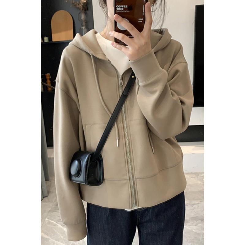 

Khaki Zipper Hooded Sweatshirt Jacket for Women in Autumn and Winter Small Design Hoodie Long-sleeved Cardigan S хакі