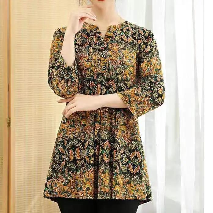 Women's Spring and Summer Loose Printed Daily Tops Middle-aged and Elderly Seven-minute Sleeve Comfortable Pullover Tops