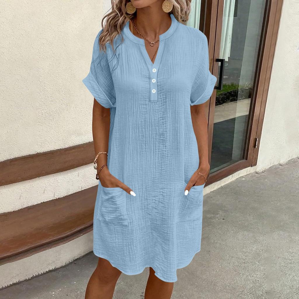 Damen V-Ausschnitt Knopf Kurzarm Kleid mit Taschen Lockerer Schnitt Lässiges Leichtes Tunika-Kleid für den täglichen Gebrauch