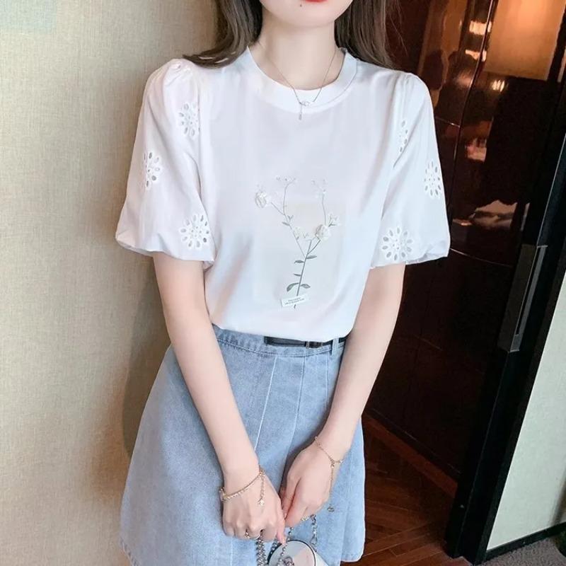 Women s Embroidered Hollow Out Crew Neck Short Sleeve Casual T-Shirt S белый