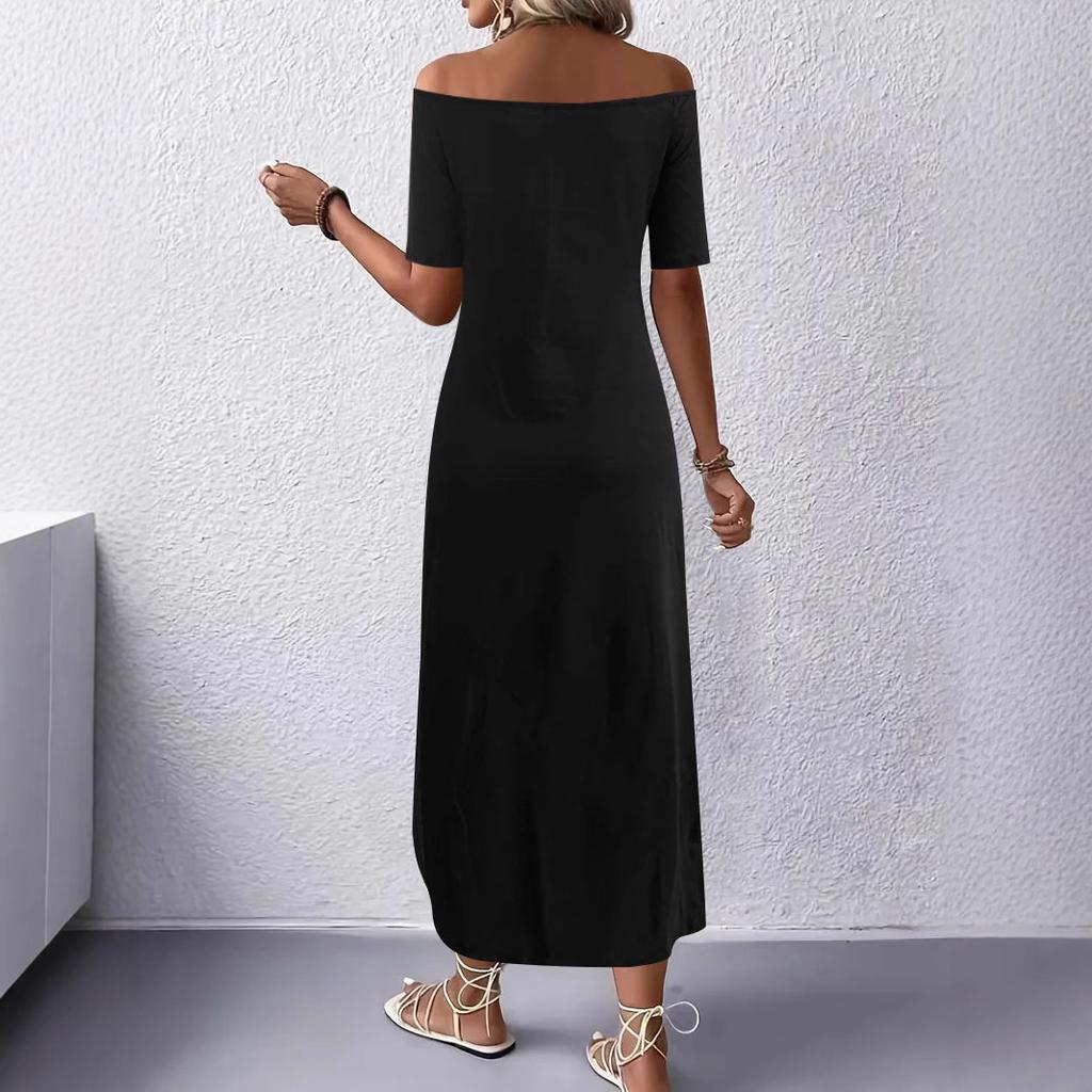 In stock, European and American summer new dresses women's clothing one-word shoulder split printing casual loose long dress