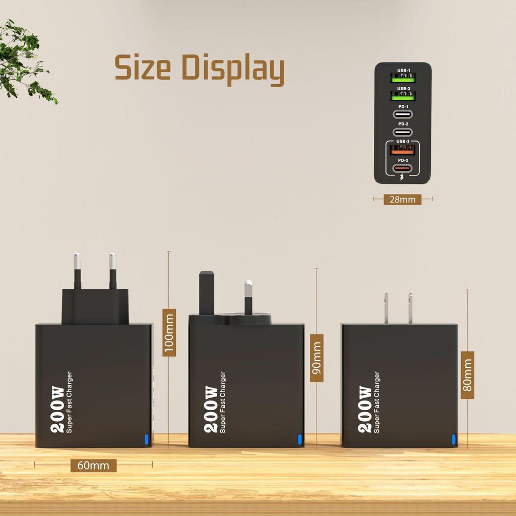 200W Multi-Port Charger - 3 USB & 3 PD Ports, Six-in-One Fast Charging for Phones (5V 2.4A), EU/US/UK Compatible