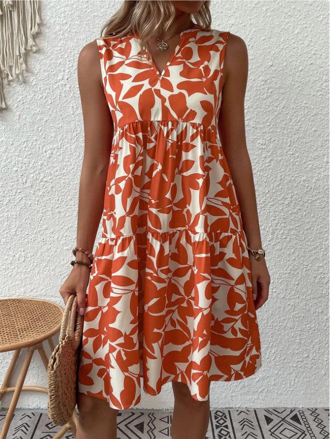 2023 Bohemian Fashion Women s Loose V-neck Pleated Print Dress Large оранжевый