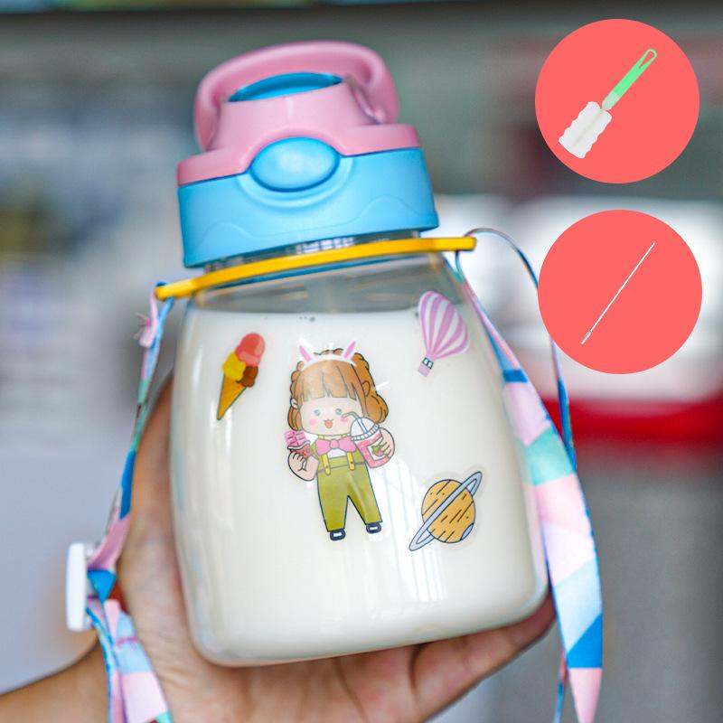 Water bottle1011 new children's cartoon straw cup strap handle portable plastic cup baby cute water cup