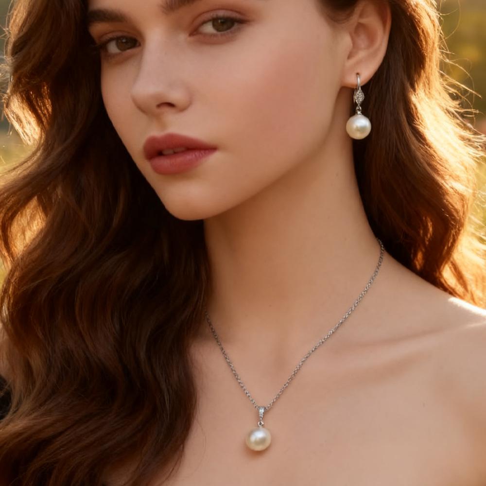 Imitation Pearl Necklaces Earrings Sets For Women Fashion Flower Cubic Zirconia Pendant with Chain Birhday Gift