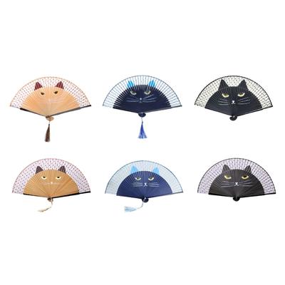 Cartoon Cat Hand Fan Chinese Japanese Folding Fan Silk Handheld Fan for Wedding Dancing Party Church Gifts Decoration
