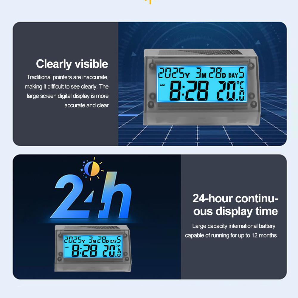 Solar Car Digital Clock Thermometer Waterproof LCD Dashboard Temperature Display