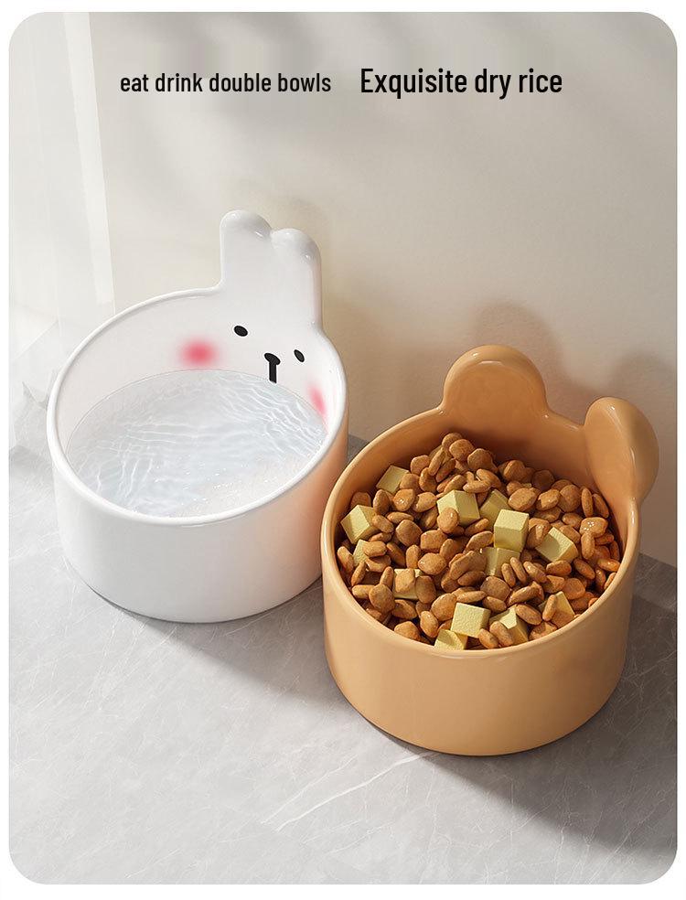 Cute Blush Bear Ceramic Pet Bowl - Slanted Large Diameter Bowl for Cats and Dogs