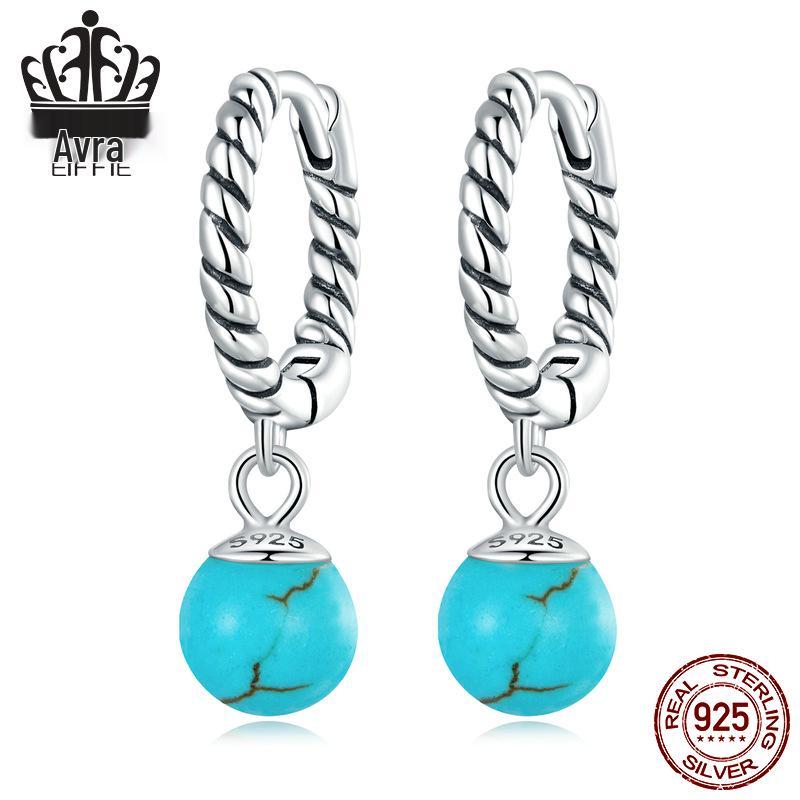 

Серьги-пусеты Ever Love из стерлингового серебра 925 пробы с бирюзой и синим цирконом для женщин - Простые модные аксессуары для ушей 925 Silver