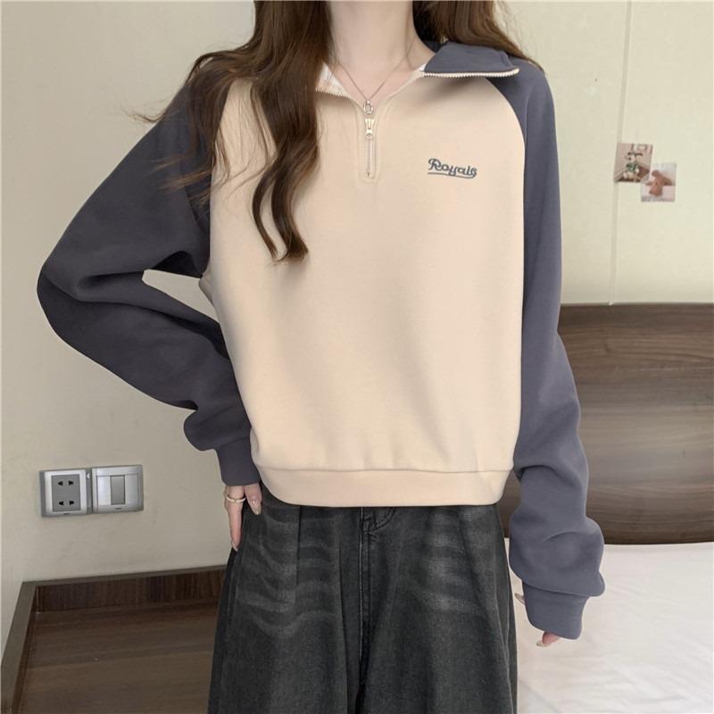 Real Shot Wind Half Zipper Lo Collar Contrasting Color Embroidered Letter Sweater Women's Thin Loose Top