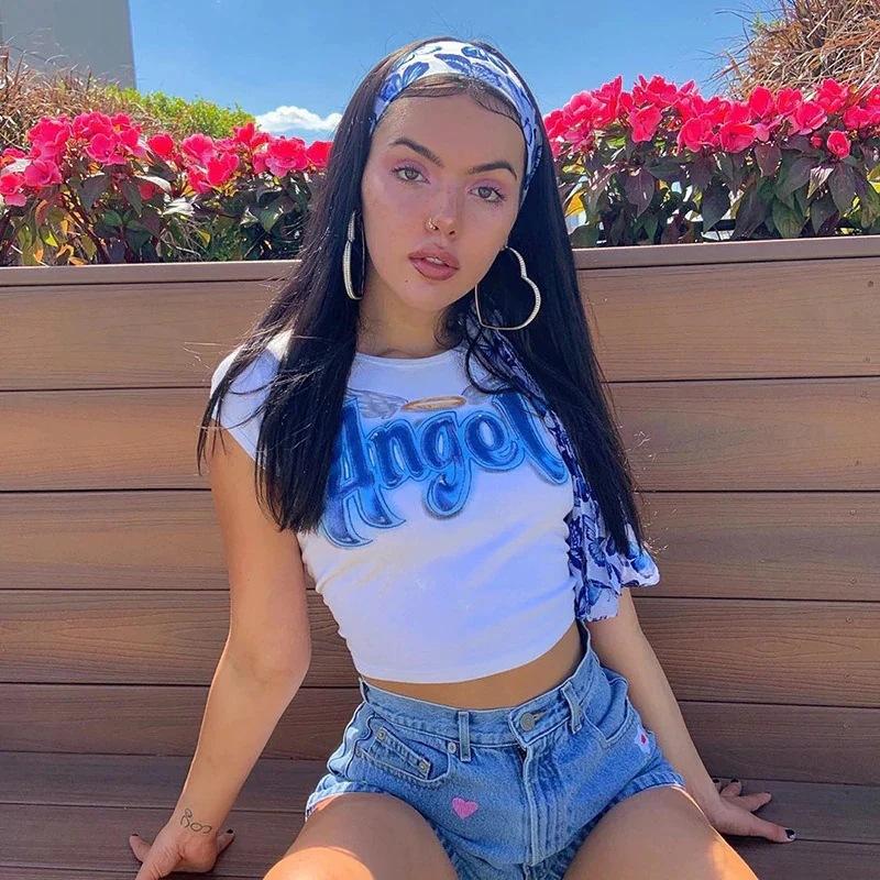 European, American English slogans Printed sexy exposed navel short T-shirt fashionable round neck slim slim top women's multi-picture