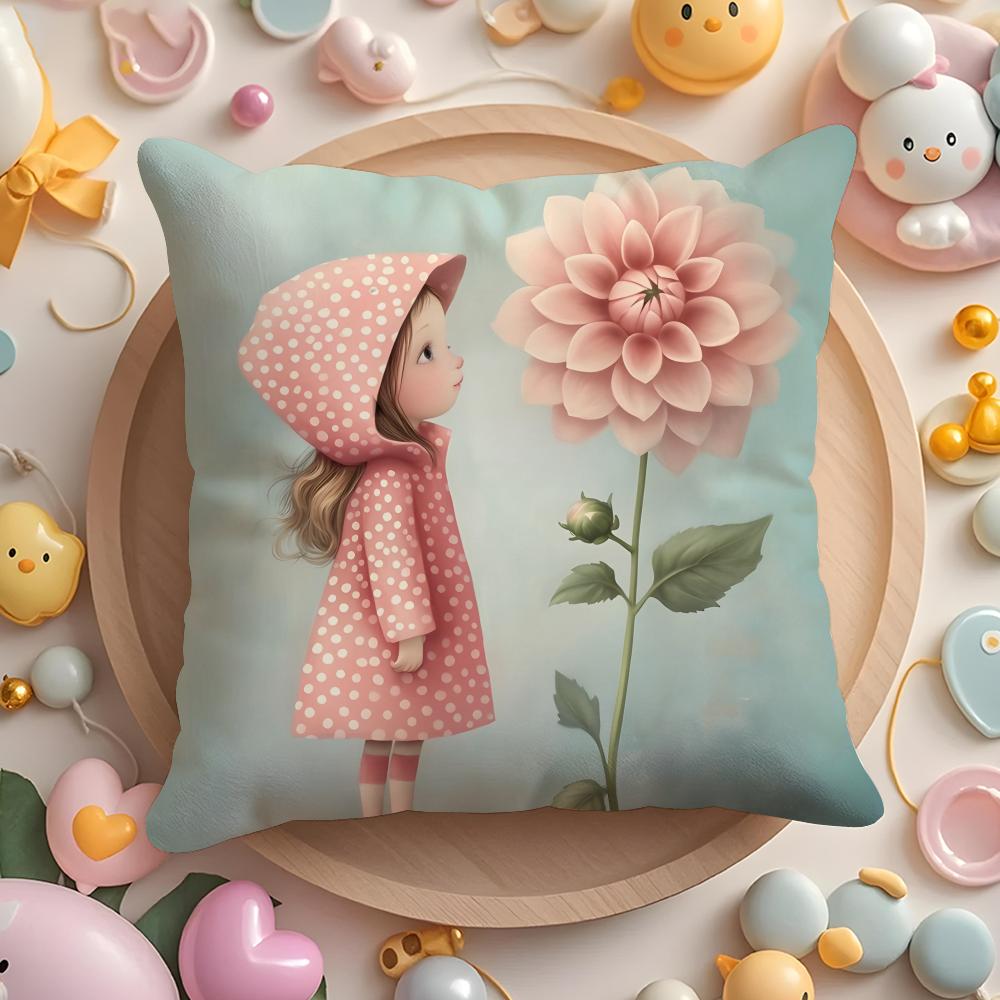 The girl is holding flowers Cushion Cover Short Plush DoubleSided Printing Home Machine Washable in Warm Winter Pillow Cover