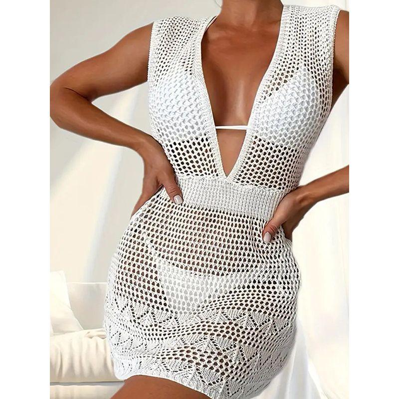 

European and American Beach Skirt Women Solid Knitted Bikinis Swimsuit Cover up Dress Knitted Beach Skirt White L