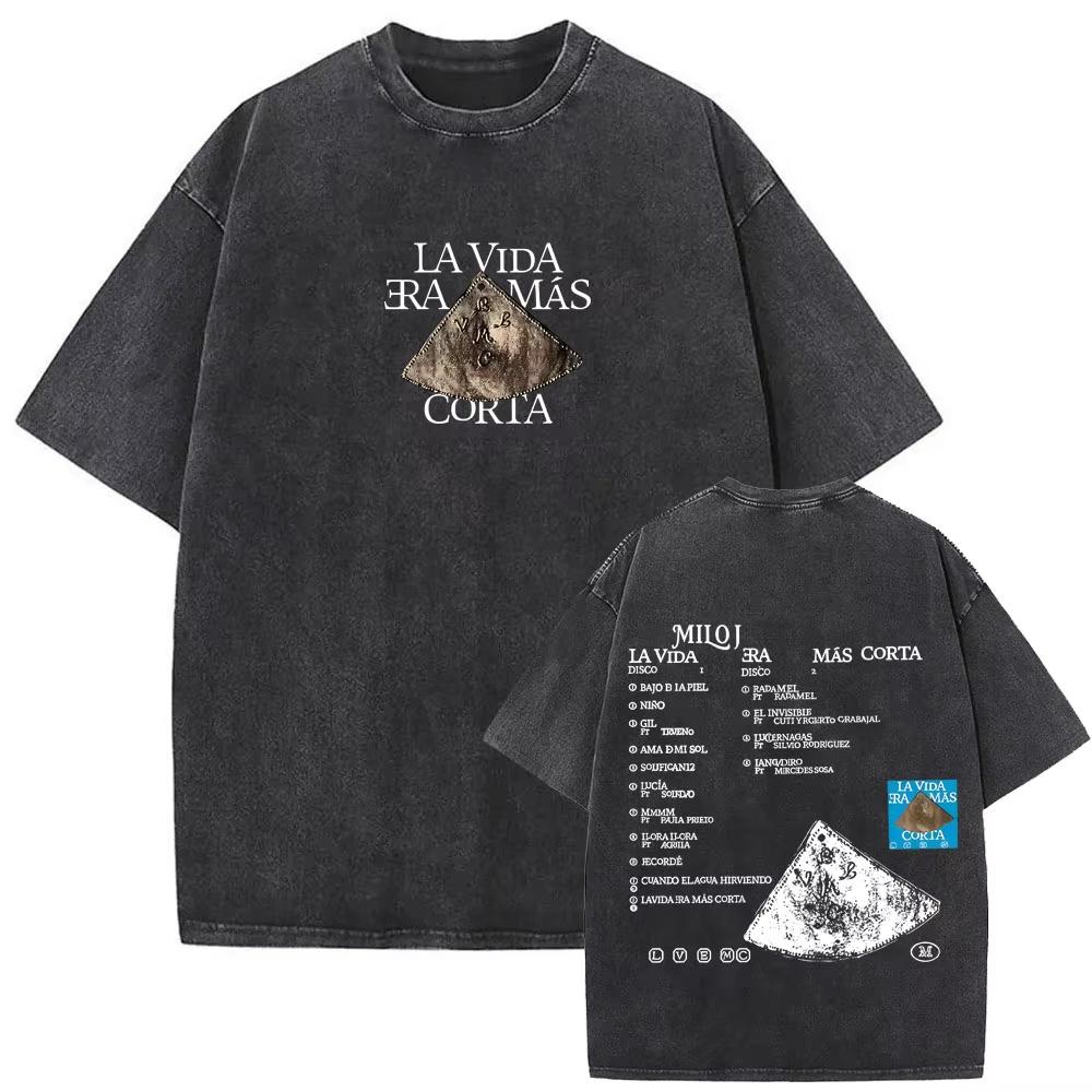 2026 Gewaschenes Vintage Rapper Milo J La Vida Era Mas Corta T-Shirt Hip Hop Mode T-Shirts Herren Damen Lässige Streetwear Top