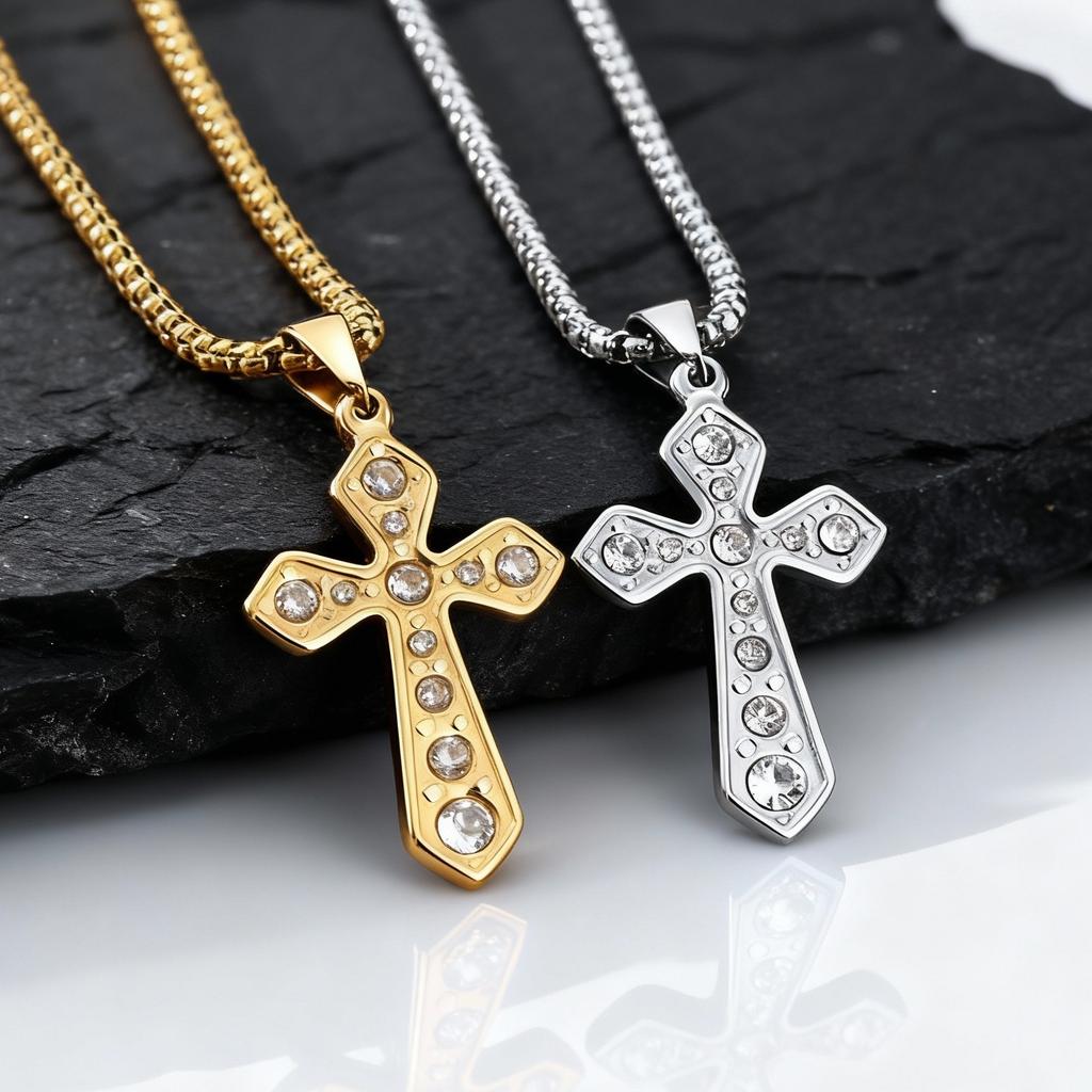 Chic Cross Necklace for Men Women,Stainless Steel Zircon Cross Pendant,Christian Classic Jewelry Gifts