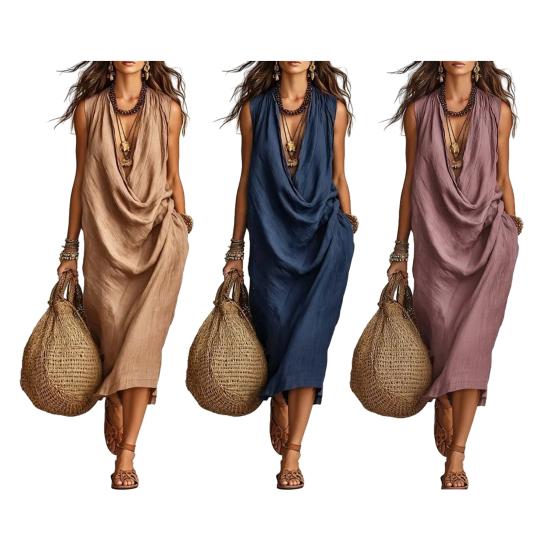 Women's Draped Deep V Neck Dress, Summer Sleeveless Loose Flowy Dress, Casual Travel Vacation Ruched Long Dress