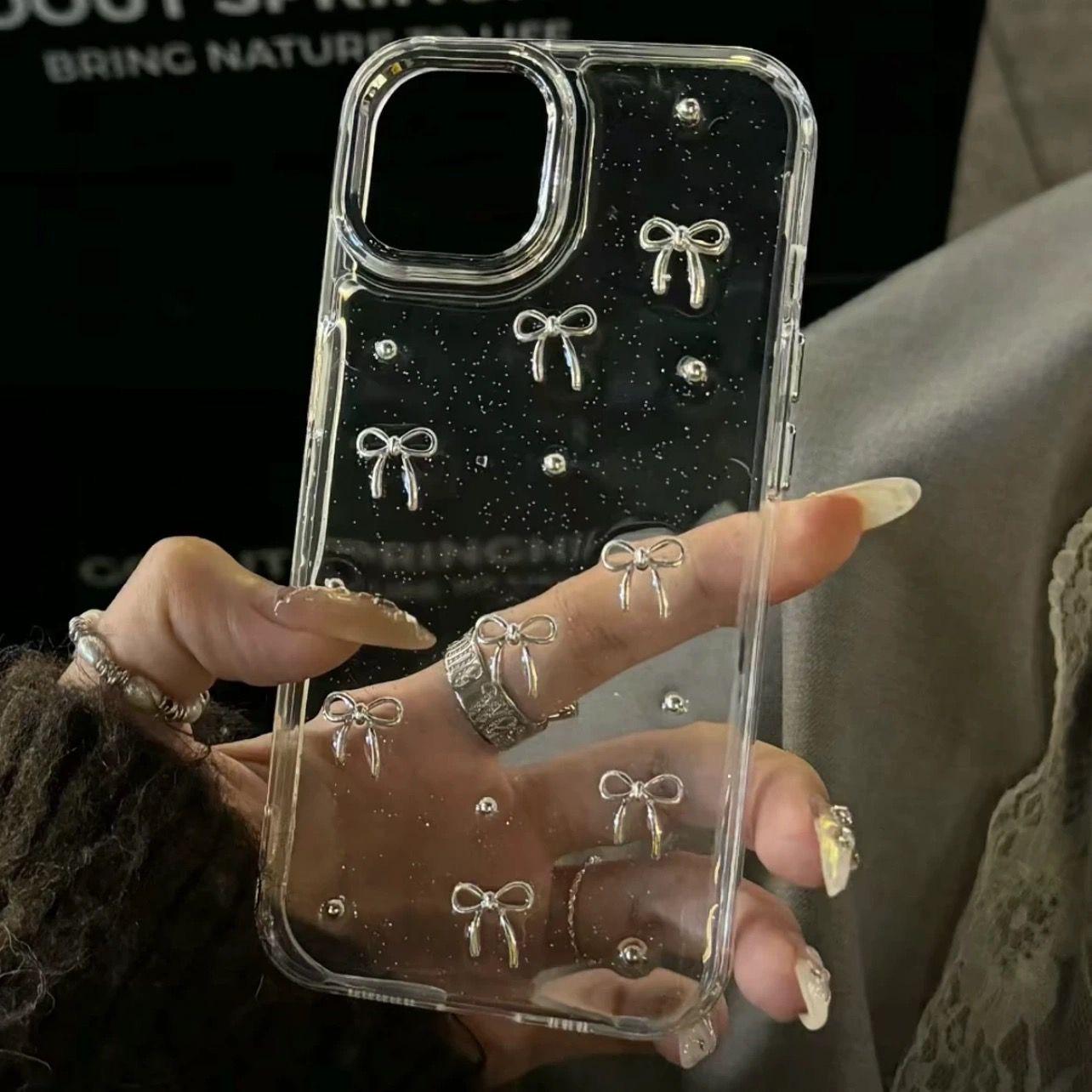 

Чехол для iPhone 14, 15 и 16 Pro Max с металлическим бантом и жидким клеем Ins Girl - Прозрачный 15 Pro