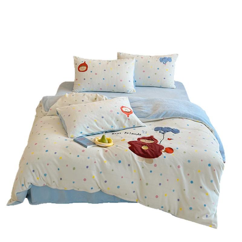 Cartoon Sticker Embroidered Thickened Milk Fleece Four-Piece Set Coral Fleece Thermal Bed Sheet Quilt Cover Student Bedding