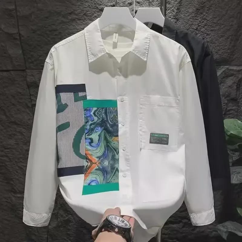 Men's Fashionable Long-Sleeve Spring/Autumn Shirt - Trendy Color-Blocked Top, Youthful Loose-Fit Jacket
