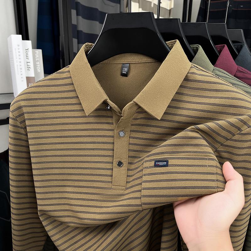 Men's Polo Shirt Lapel Long Sleeve T-Shirt Autumn Striped Pocket Fashion Business Classic Versatile Menswear