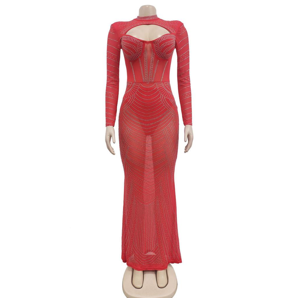 V-neck Long Sleeve Mesh Dress with Hot Drill Accents