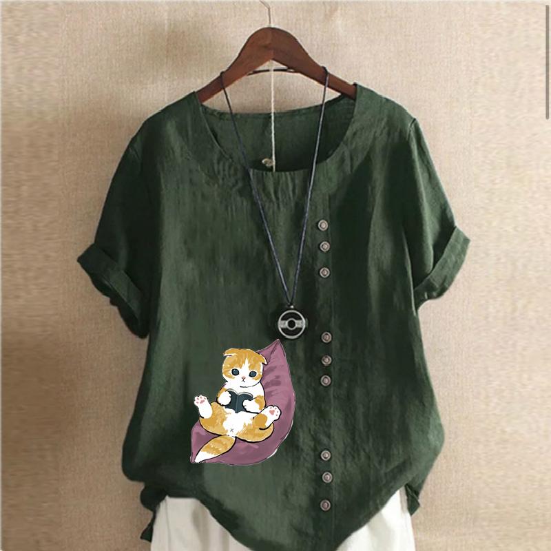 Moda feminina bonito gato impresso manga curta camiseta solta algodão camisa casual solto verão blusa tops plus size