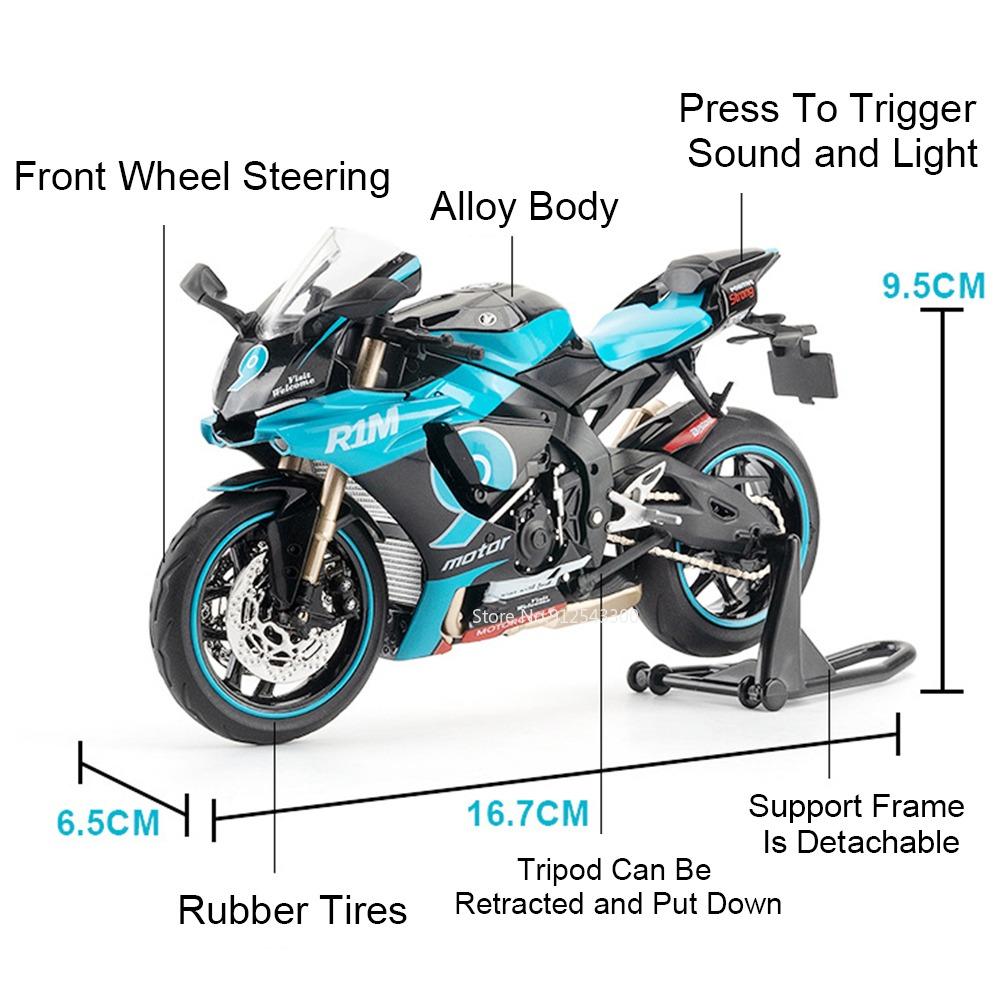 1:12 R1 R1M Motorcycle Model Toy Music Light Shock Absorption Motorbike Foldable Tripod Models Toys Collectible Ornaments