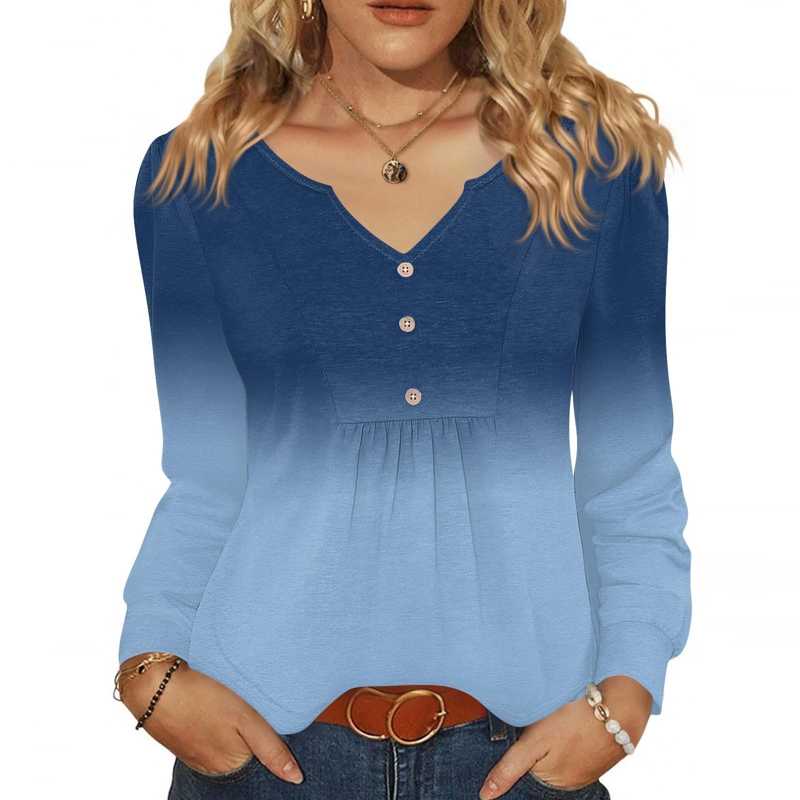 

Женская модная повседневная блузка с V-образным вырезом на пуговицах, с длинным рукавом, пуловер, футболка, топ L