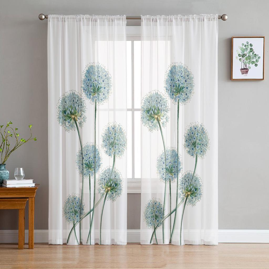 Grey Dandelion Flowers Plants Sheer Curtain for Living Room Bedroom Voile Drape Kitchen Window Tulle Curtains Home Essentials