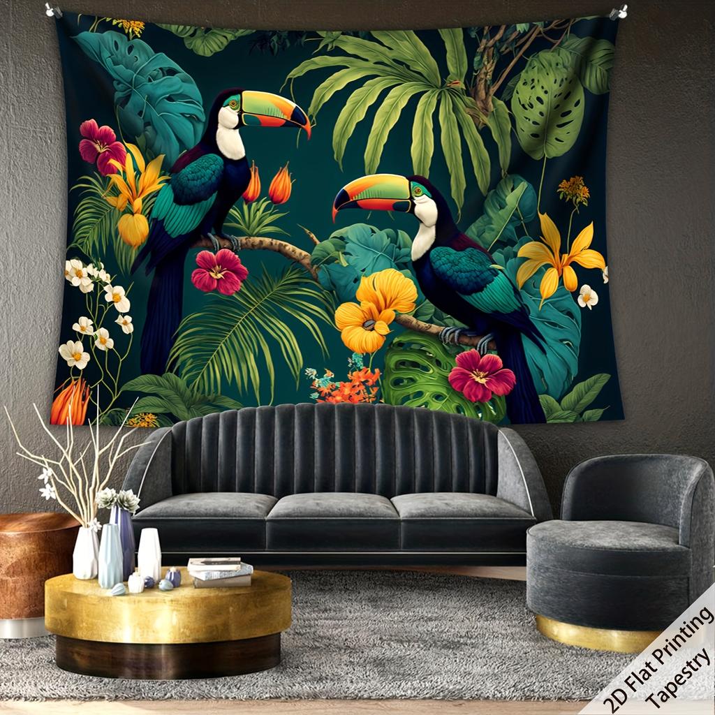 Tropical Parrot Tapestry, Jungle Plant Wall Hanging Vibrant Landscape Wall Decor for Living Room Bedroom