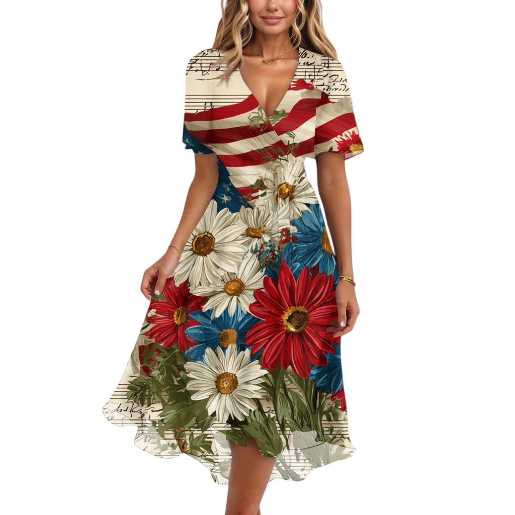 Women's Fashionable Casual V-neck Short-sleeved Independence Day Printed Dress