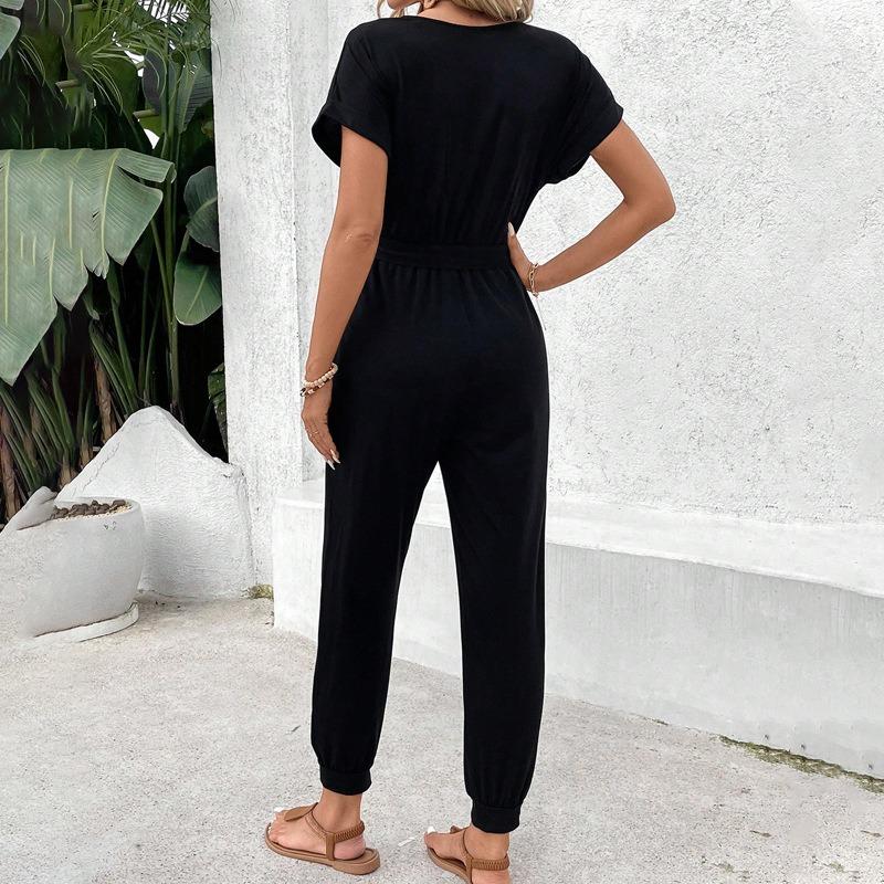Women's Casual Jumpsuits Tied Short-sleeved Black Ties