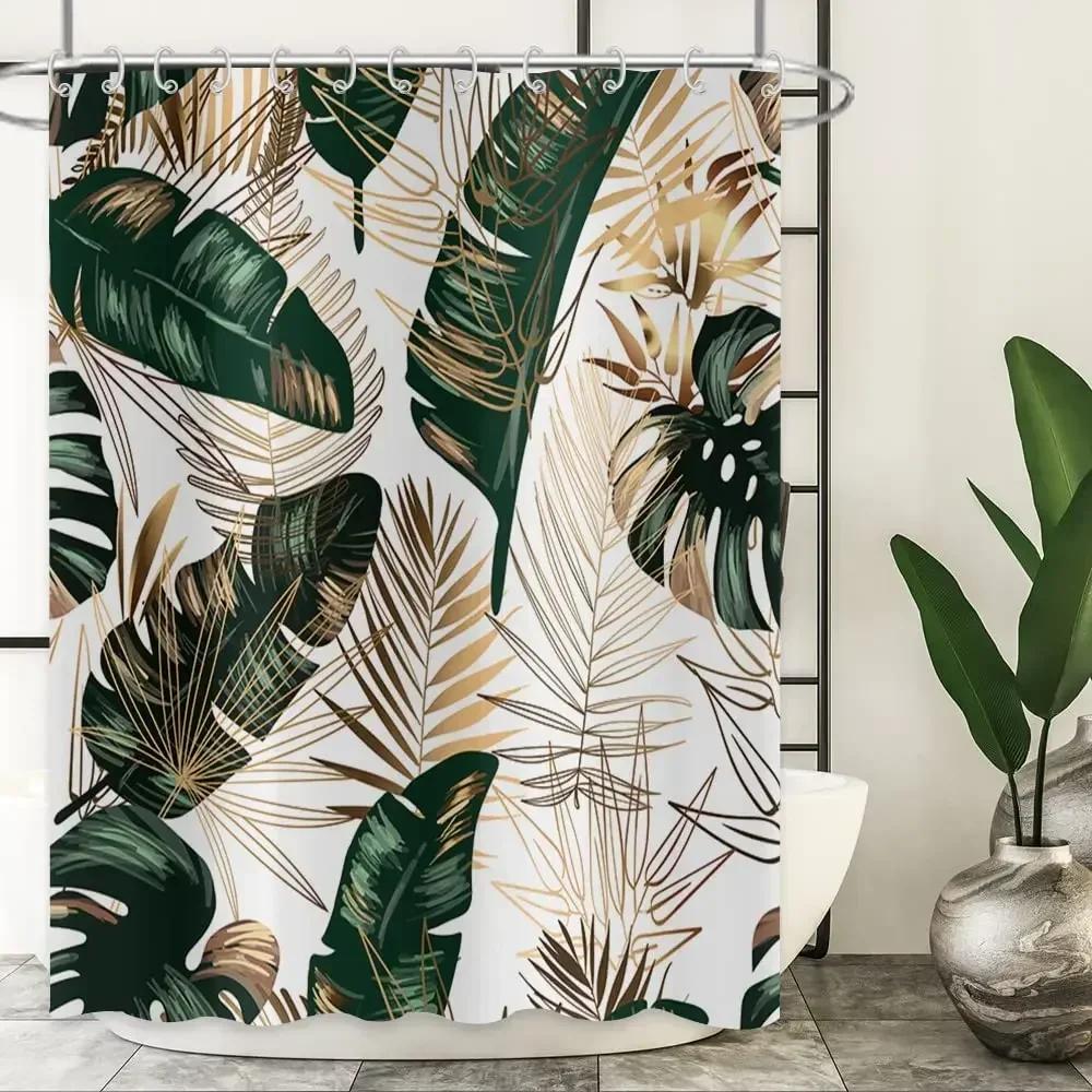 Green Hawaii Tropical Shower Curtain Green Gold Tropical Leaves Plant Fabric Bathroom Curtain Botanical Jungle Bath Curtain Set