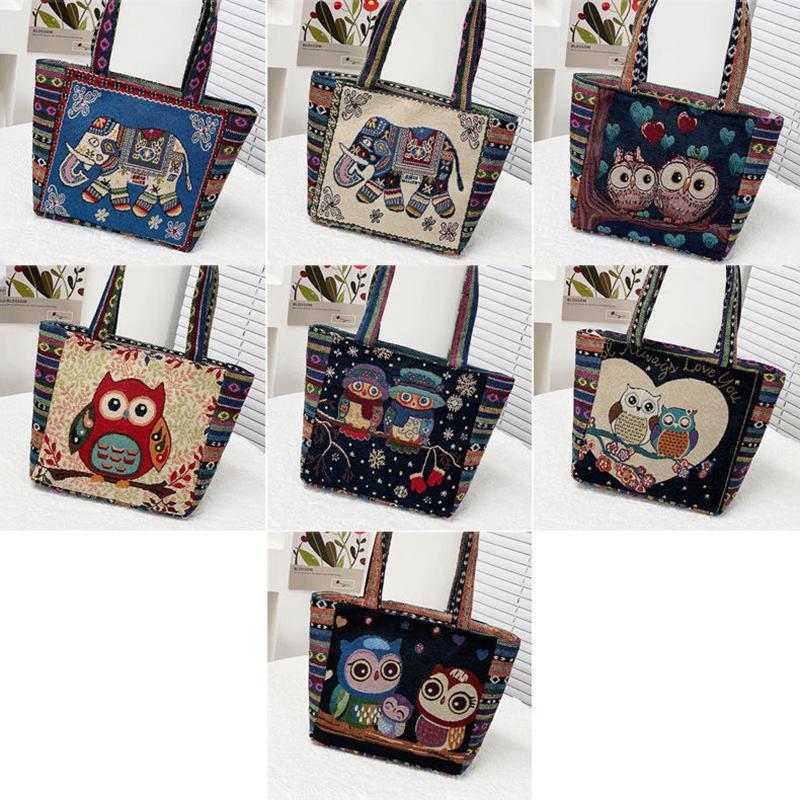 Ethnic Style Handbag Trendy Animal Embroidery Handbag Canvas Women Shoulder Bags Women Grocery Storage Pouch