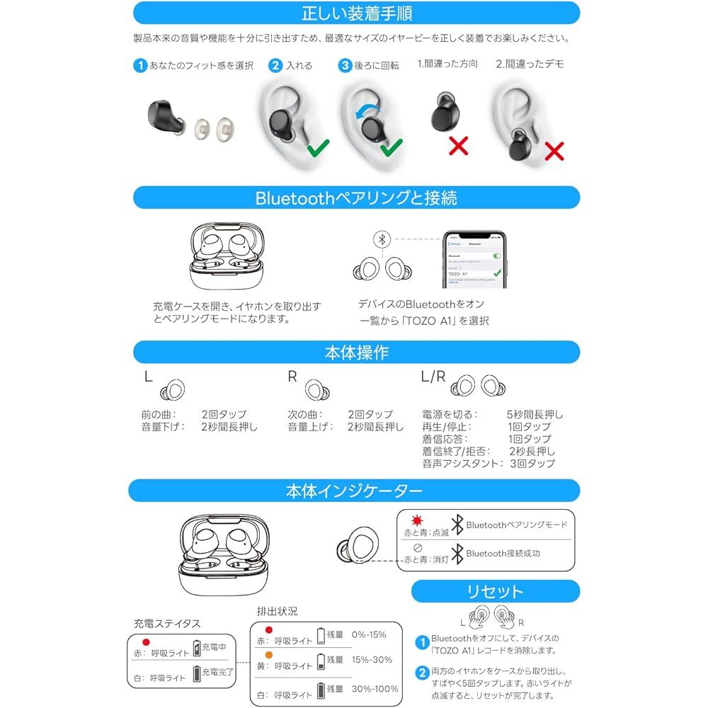 TOZO A1 Earphones Bluetooth Wireless Earphones, Mid-Low Frequency Range, Warm Sound Quality, Small, Lightweight, Comfortable, Built-in Microphone, AI 