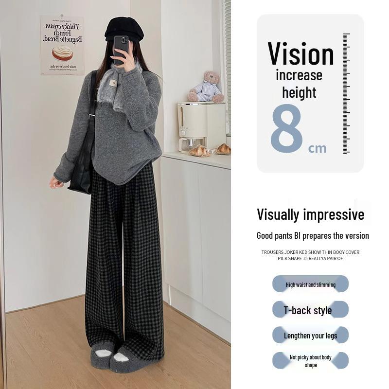 Petite Korean Style High Waist Wool Blend Plaid Wide Leg Pants - Fleece Lined for Autumn/Winter