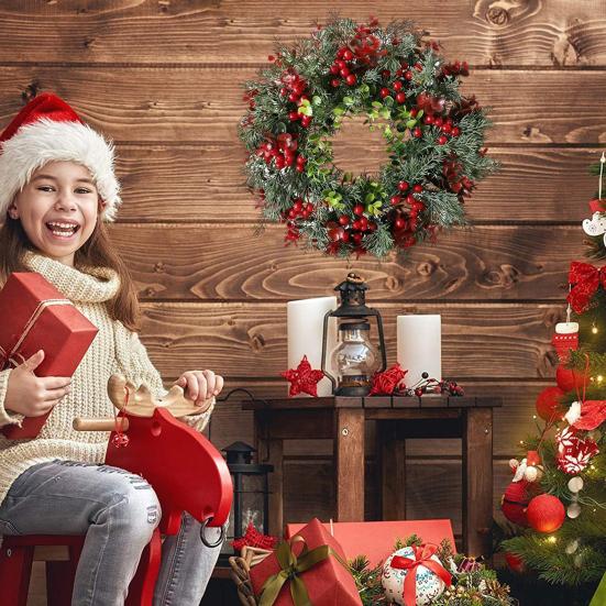 Artificial Red Berry Wreath Indoor Outdoor Front Door Wall Hanging Christmas Holy Berry Garland Holiday Party Decoration Ornament