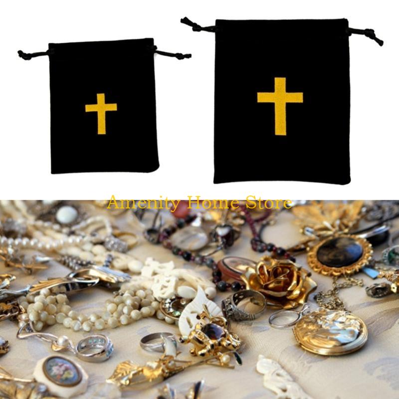 F26C Pack Of 10 Velvets Drawstring Bags Rosary Bags Jewelry Gift Pouches Featurings Crosses Designs For Jewelry Storage