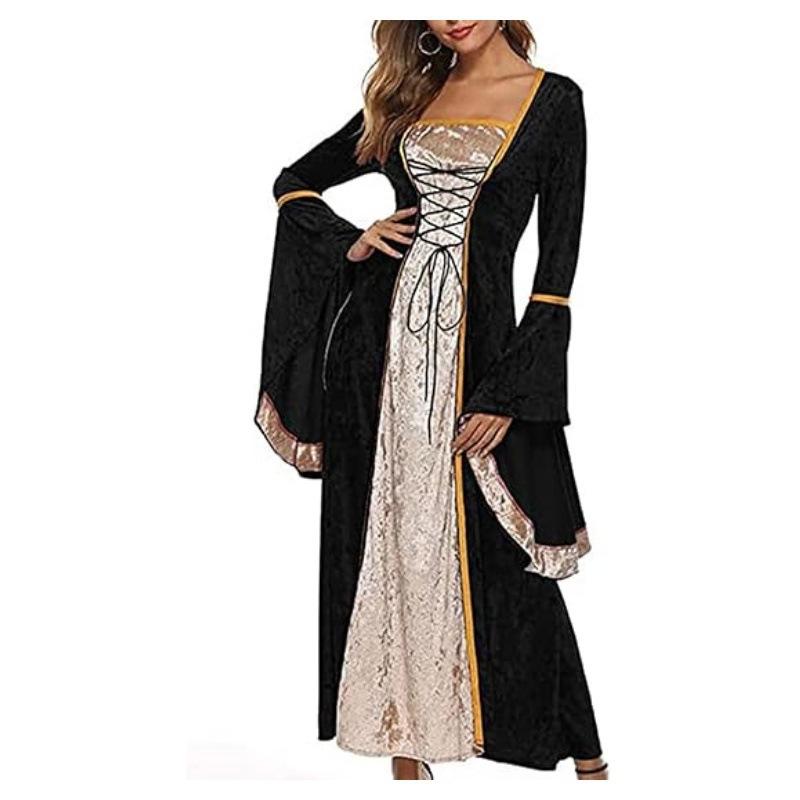 Women's Plus Size Dress Flared Sleeves Retro Long Gold Velvet Dress