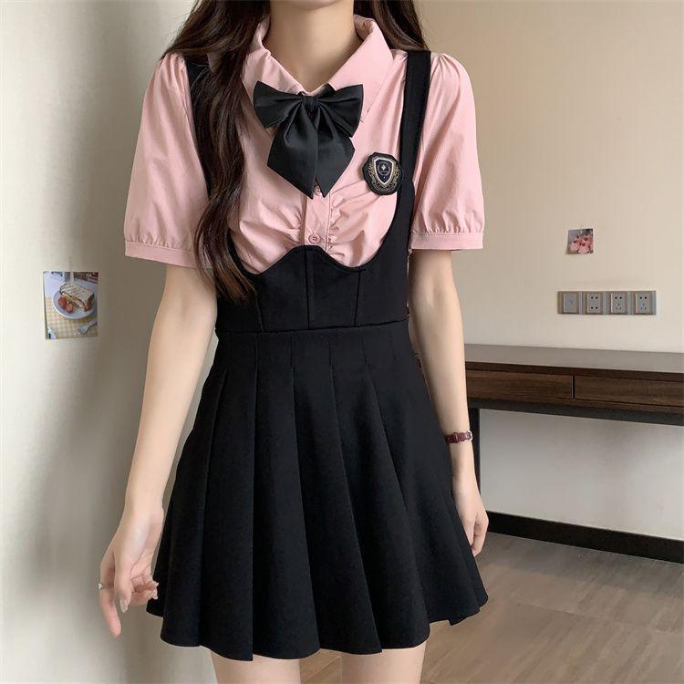 Plus Size Fishbone A-Line Strap Skirt and College Style Shirt Set - Slimming JK Design