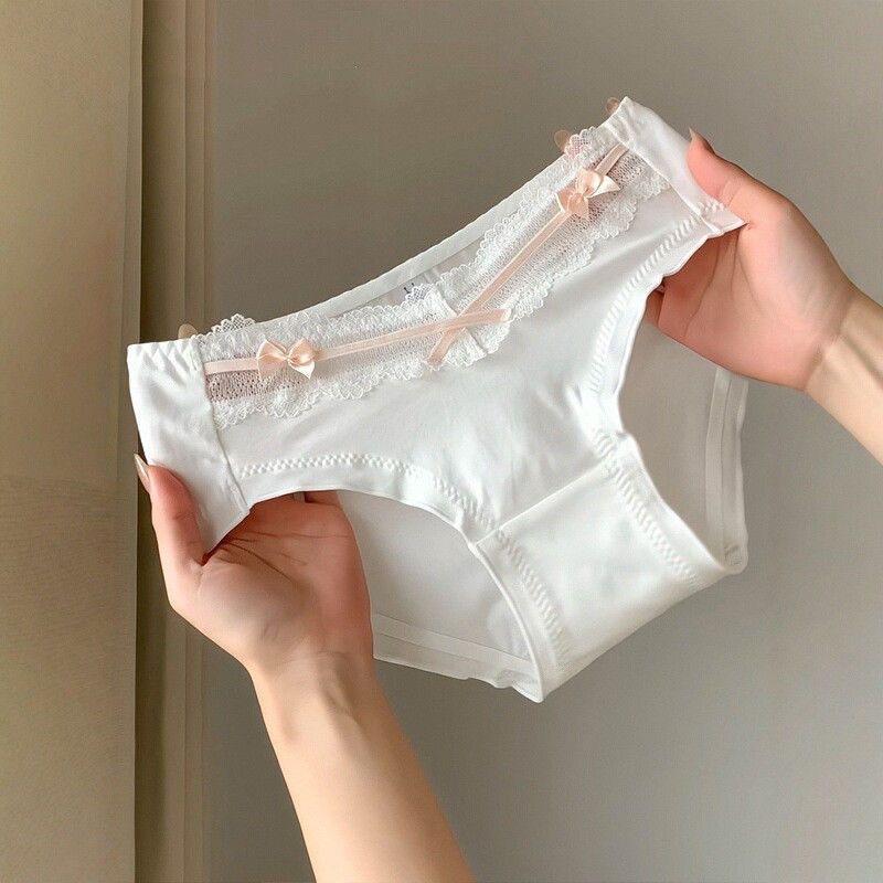 Ladies Summer Pure To Sweet Lace Edge Bow Pure Cotton Soft and Comfortable Low Waist Briefs