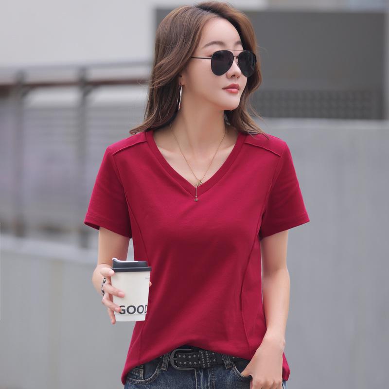 Korean Style V-Neck Cotton Short Sleeve Women's T-Shirt, Solid Color, Loose Fit, Plus Size, Spring/Summer Collection