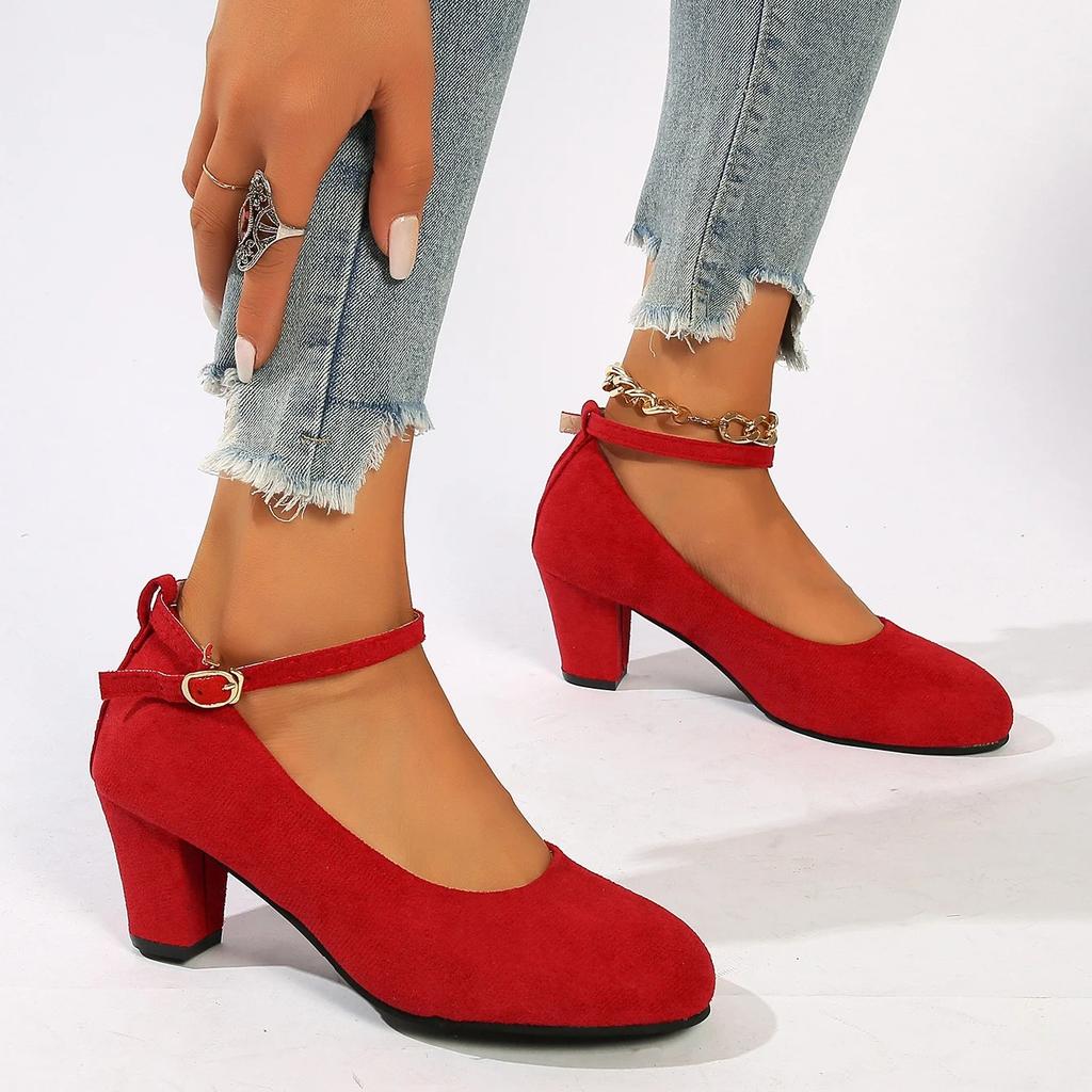 Leisure Classic Pumps Female Buckle Strap Square High Heels Square Toe Women Shoes Square Buckle Summer Shoes Plus Size