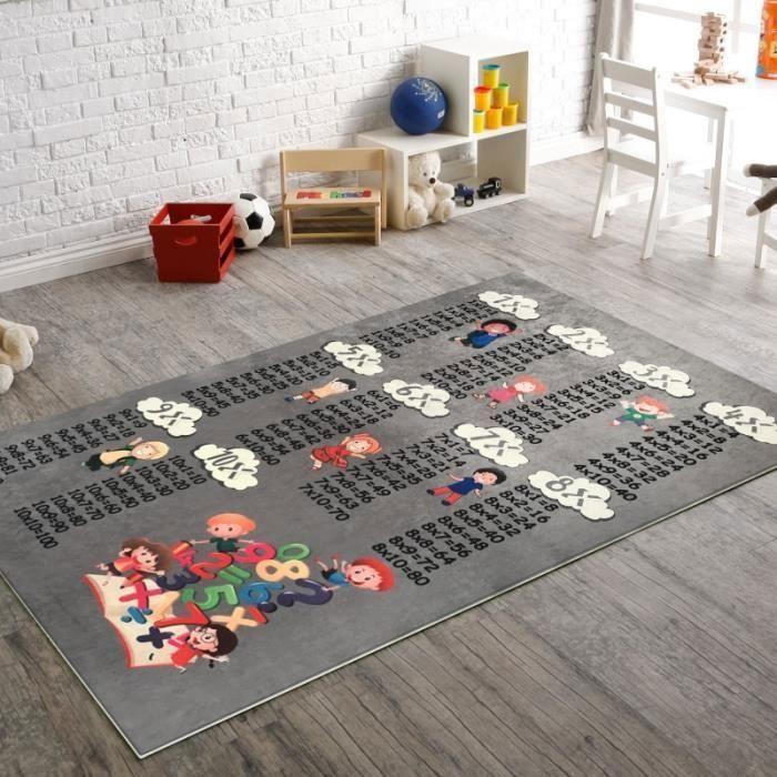 Tapis enfant - MANI TEXTILE - Table de multiplication - Lavable et antidérapant - Gris - 120x180cm