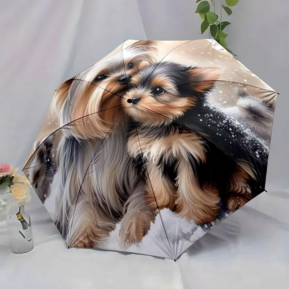 Yorkshire Terriers Cuddling in Snowy Backdrop Folding Umbrella - Automatic Open Compact Portable Dog Lover Gift, 8-Rib Durable