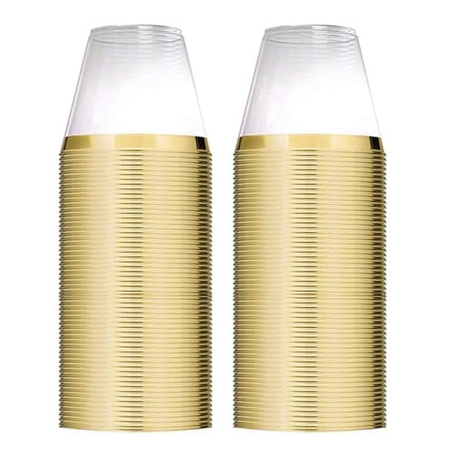 CUTEECO Golden Plastic Cups, 9oz Disposable Cups, Plastic Wine Glasses, Party Cups, Clear Plastic Cups for Parties